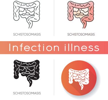 Schistosomiasis icon. Linear black and RGB color styles. Viral gastroenterological disease, endemic infectious illness. Human digestive system, internal organ isolated vector illustrations