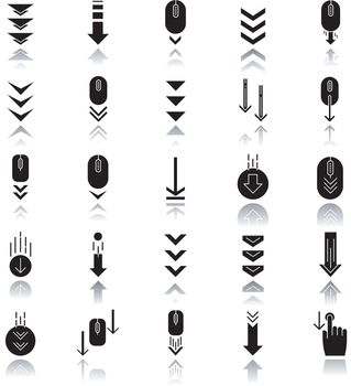 Scroll down drop shadow black glyph icons set. Internet page browsing and download indicators. Downward arrows. Web cursor. PC mouse with arrowheads. Isolated vector illustrations on white space