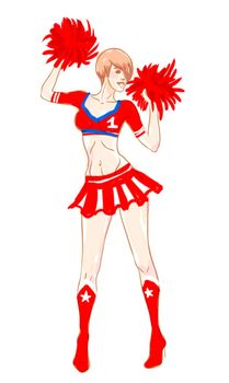 Pretty Cheerleader with Pom Poms in red and blue sexy uniform. American style. Full length portrait. Raster illustration