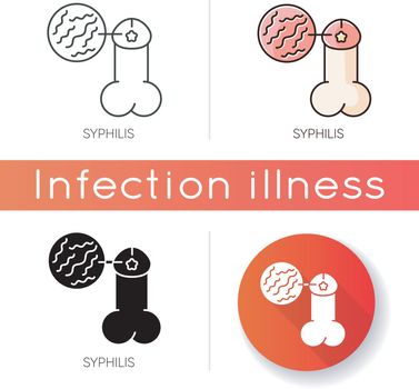 Syphilis icon. Linear black and RGB color styles. Dangerous sexually transmitted disease, contagious venereal illness, STD. Infected male reproductive organ isolated vector illustrations