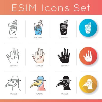 Endemic illnesses icons set. Linear, black and RGB color styles. Plague, cholera and leprosy viruses. Healthcare and medicine. Contagious and deadly infectious diseases isolated vector illustrations