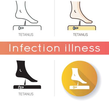 Tetanus icon. Linear black and RGB color styles. Infectious disease, bacterial infection. Clostridium tetani bacterium protection. Human foot and rusty nail isolated vector illustrations