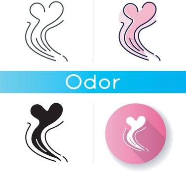 Odor icon. Good smell. Aroma swirl with heart shape. Nice perfume scent wave. Aromatic fragrance flow. Smoke puff, evaporation. Linear black and RGB color styles. Isolated vector illustrations