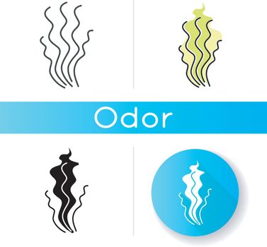 Bad smell icon. Stinky scent. Toxic gas, stench. Fragrance curves. Dirty air odor, emission. Fume swirls, evaporation malodor. Linear black and RGB color styles. Isolated vector illustrations