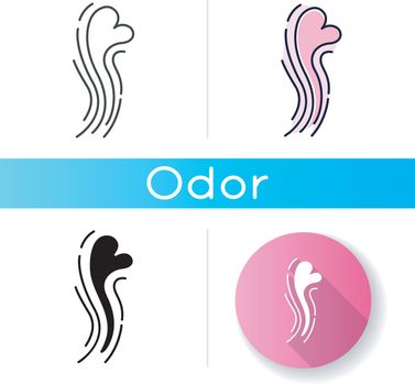 Odor icon. Good smell. Aroma swirl with heart shape evaporation. Perfume scent. Aromatic fragrance flow. Fluid puff. Linear black and RGB color styles. Isolated vector illustrations