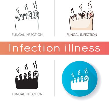 Fungal infection icon. Linear black and RGB color styles. Dermatological infectious disease, skincare problem, bad hygiene. Medical diagnosis. Fungus infected feet isolated vector illustrations