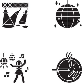 Nightclub recreation black glyph icons set on white space. Night club entertainment, clubbing silhouette symbols. Light show, disco ball, go go dancer and ashtray vector isolated illustrations