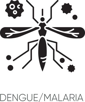 Dengue, malaria black glyph icon. Tropical infectious disease, dangerous mosquito borne illness silhouette symbol on white space. African blood sucking insect vector isolated illustration