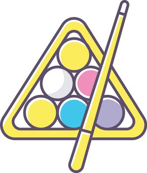 Billiards RGB color icon. Cuesports game, pub entertainment, leisure activity. Professional cue sport, pool, snooker attributes. Triangle with balls and cue stick isolated vector illustration