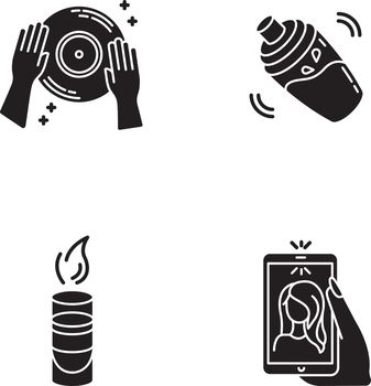 Clubbing black glyph icons set on white space. Night club recreation, entertainment venue silhouette symbols. DJ record, cocktail shaker, hot shot and selfie vector isolated illustrations