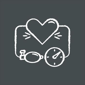 High blood pressure chalk white icon on black background. Heart disease. Arterial pressure measure. Medical device. Check patient heartbeat. Cardio treatment. Isolated vector chalkboard illustration