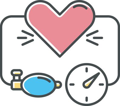 High blood pressure RGB color icon. Heart disease. Arterial pressure measure. Medical device. Tonometer gauge. Doctor check patient heartbeat. Cardio treatment. Isolated vector illustration