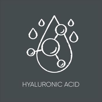 Hyaluronic acid chalk white icon on black background. Chemical formula. Collagen to prevent wrinkles. Anti-aging effect. Water drop. Cosmetic ingredient. Isolated vector chalkboard illustration