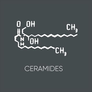 Ceramide chalk white icon on black background. Chemical skeletal structure. Scientific formula. Research for dermatology. Lipid molecule. Fatty acid. Isolated vector chalkboard illustration