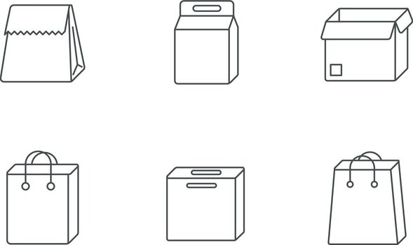 Paper food packages pixel perfect linear icons set. Customizable thin line symbols. Cardboard boxes, bags. Disposable containers for lunch, grocery. Vector isolated outline drawings. Editable strokes