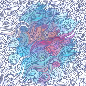 Vector color abstract hand-drawn hair pattern with waves and clouds.