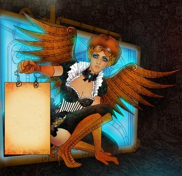 Beautiful steampunk girl with wings holding a empty banner. illustration