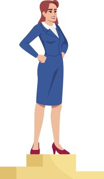 Market leader semi flat RGB color vector illustration. Businesswoman on podium winning first place isolated cartoon character on white background. Professional success and recognition