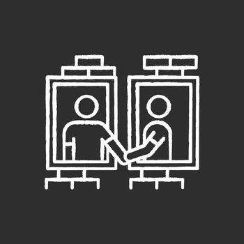 Neighbors in window frames chalk white icon on black background. Dormitory mates relationship. Dormmates greeting each other. People living in apartment block. Isolated vector chalkboard illustration