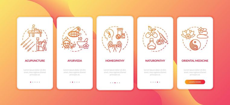 Traditional therapies onboarding mobile app page screen with concepts. Oriental medicine, ayurveda walkthrough five steps graphic instructions. UI vector template with RGB color illustrations