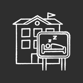 Hotel chalk white icon on black background. Hostel. Motel building. Sleeping accommodation services. Travelling facilities. Residential area. Apartment block. Isolated vector chalkboard illustration