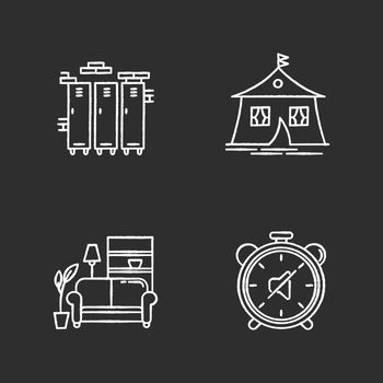 Dormitory conditions chalk white icons set on black background. Lockers. Gym, swimming pool closets. Marquee tent. Dorm quiet hours. Living room. Shared space. Isolated vector chalkboard illustrations