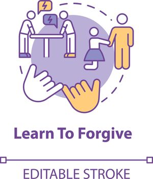 Learn to forgive concept icon. Friendship relationship advice. Apologizing partner and friend for mistakes idea thin line illustration. Vector isolated outline RGB color drawing. Editable stroke