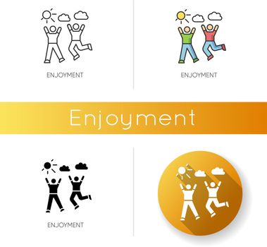 Enjoyment icon. Linear black and RGB color styles. Friendship, togetherness, happiness. Active pastime, outdoor recreation. Friends bonding activities. isolated vector illustrations