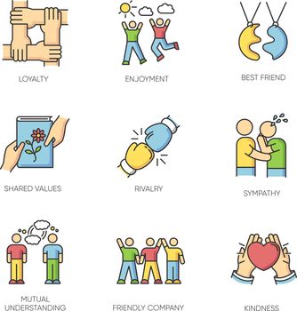 Friendship RGB color icons set. Emotional affection, strong interpersonal bond, social relationship symbols. Mutual sympathy, togetherness and support. Isolated vector illustrations