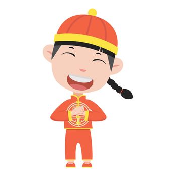 Chinese cute boy cartoon greeting pose