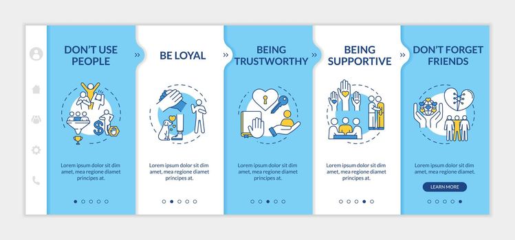 Being supportive onboarding vector template. Trustworthy friend. Compassion and empathy values. Responsive mobile website with icons. Webpage walkthrough step screens. RGB color concept
