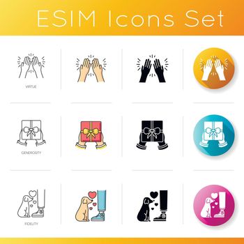 Friends togetherness icons set. Linear, black and RGB color styles. Friendship, strong interpersonal connection. Moral core values. Virtue, generosity and fidelity. Isolated vector illustrations