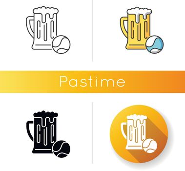 Pastime icon. Linear black and RGB color styles. Leisure activities, recreation types, hobbies. Sports game accessory and alcoholic drink. Tennis ball and beer pint isolated vector illustrations