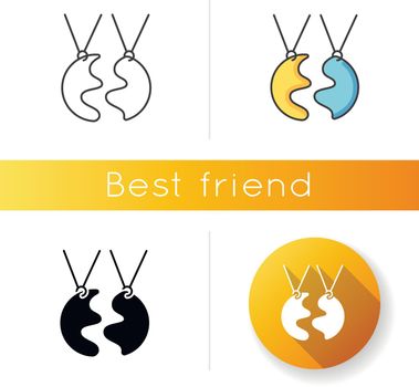 Best friend icon. Linear black and RGB color styles. Strong interpersonal bond, friendship symbol. Friendly relationship accessory. BFF charm, necklace isolated vector illustrations