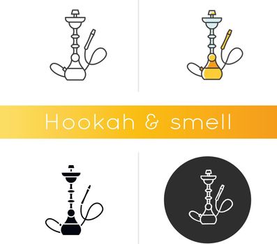 Hookah icon. Sheesha house. Assembled hooka body. Nargile lounge. Odor from pipe. Scent of vaporizing. Smoking area. Linear black and RGB color styles. Isolated vector illustrations