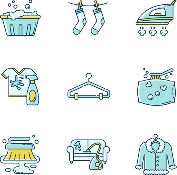 Laundry and cleanup service blue and yellow RGB color icons set. Handwash, stain removal and outdoor drying, fabric ironing. Fur, furniture and pillow dry cleaning. Isolated vector illustrations