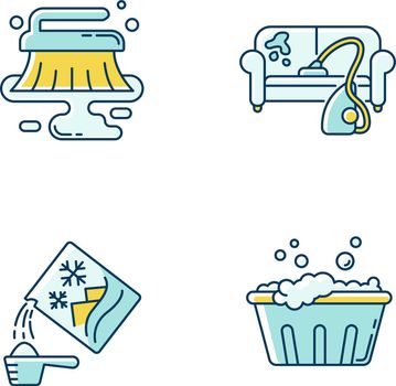 Cleanup service blue and yellow RGB color icons set. Stain removal, floor wet cleaning and furniture dry cleaning. Handwash, washing powder and basin use. Isolated vector illustrations