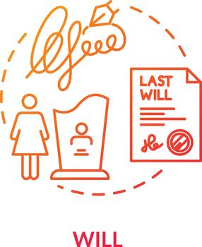Will red concept icon. Death wish. Testament of deceased person. Legacy for widow. Beneficiary, trustee. Notary service idea thin line illustration. Vector isolated outline RGB color drawing