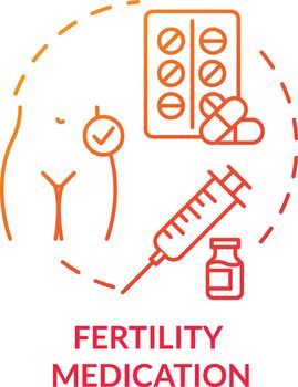 Fertility medication red concept icon. Clinic, hospital. Gynecology treatment. Pills and drugs. Reproductive technology idea thin line illustration. Vector isolated outline RGB color drawing