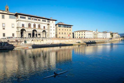 Florence, Italy. January 2022.  panoramic view of the Uffizi palace in the Lungarno and in the city center
