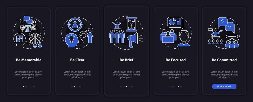 Business communication etiquette night mode onboarding mobile app screen. Walkthrough 5 steps graphic instructions pages with linear concepts. UI, UX, GUI template. Myriad Pro-Bold, Regular fonts used