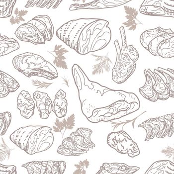 Seamless pattern of raw meat in vintage engraving style
