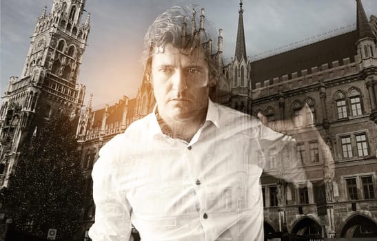 He's a man with a purpose. Multiple exposure shot of a businessman superimposed on a cathedral.