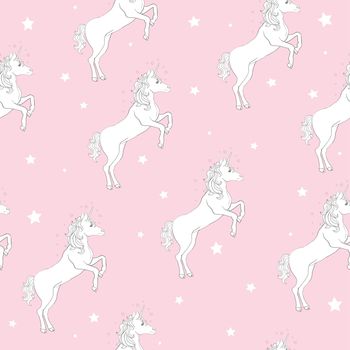 Unicorn seamless pattern. Unicorns with rainbow mane and horn on flat purple background with stars. Vector illustration. Cute magic fantasy wallpaper with white unicorn head.