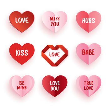 Set of conversation hearts for valentine’s day. Hearts and text on white background.
