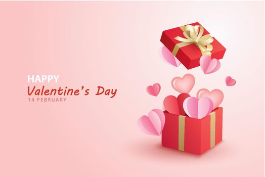 Valentine's day with red gifts boxes and a lot of hearts on pink background.