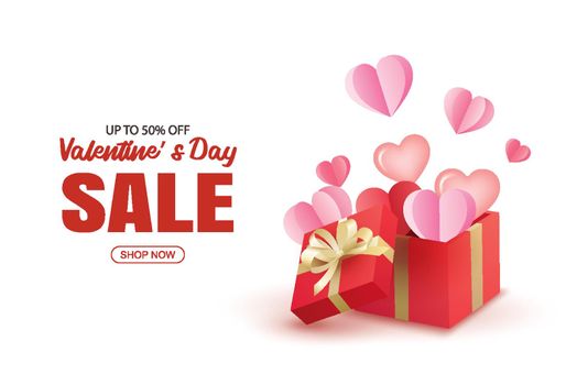Valentine's day sale with red gifts boxes and a lot of hearts on white background.
