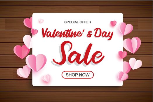 Valentines day sale banner template with heart and text on wood background