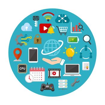 Technology (business, network etc. ) icon set arranged in a circle 