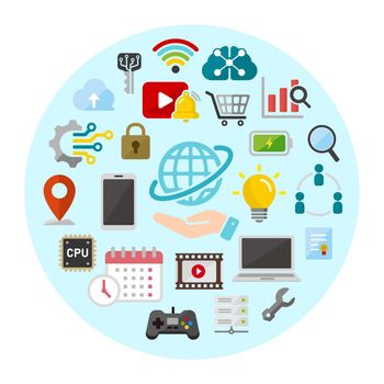 Technology (business, network etc. ) icon set arranged in a circle 